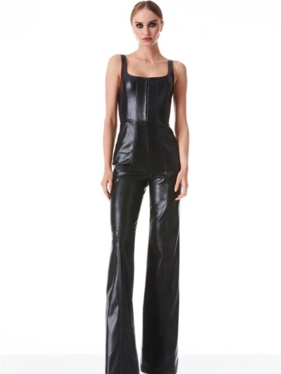 Alice + Olivia Pants - Alice & Olivia Black Vegan Leather Jumpsuit - Women's Sleek Wide-Leg